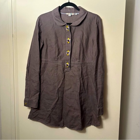 Boden Brown Linen Long Sleeve Floral Button Detail Lightweight Dress/Tunic 10 - Picture 2 of 14